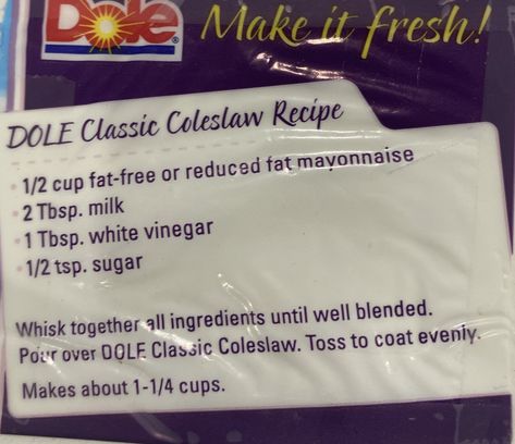 Dole Coleslaw Recipe, Cookout Salads, Salad Sides, Classic Coleslaw Recipe, Classic Coleslaw, Coleslaw Recipes, Coleslaw Dressing, Salad Dressing Recipes Homemade, Vinegar Uses