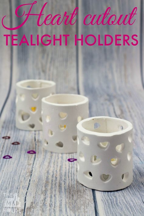 These stunning tea light holders or luminaries are made from microwave clay and are the perfect valentines craft Clay Luminary, Clay Candle Holders, Clay Candle, Diy Air Dry Clay, Air Dry Clay Projects, Tea Diy, Diy Candle Holders, Tea Light Holders, Valentines Art