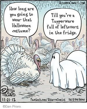 The Comic Strips - Dan Piraro :: Bizarro :: 2012-11-21 :: Image Number: 89713 :: How long are you going to wear that Halloween costume? Till the rest of you are leftovers in the fridge. :: Thanksgiving turkey. Turkey Jokes, Thanksgiving Jokes, Bizarro Comic, Thanksgiving Cartoon, Funny Turkey, Happy Thanksgiving Quotes, Thanksgiving Quotes, My Funny Valentine, Thanksgiving Fun