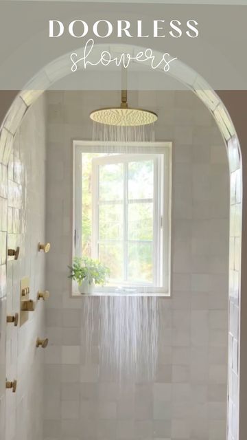 Ashley | Interior Design, Home Styling & DIY on Instagram: "Okay, before we dive into the nitty gritty, make sure you LIKE & SAVE this post for later 🤩

Because no is telling you about the blend of functionality, design flexibility, and aesthetic appeal that doorless showers offer — 

1️⃣ you can shape your door however you want: This stunning archway deserves it’s own moment, am I right?! ✨  open showers can be highly customizable in terms of size, shape, and materials — allowing for more unique and personalized designs.

2️⃣ better airflow: An open shower means better airflow — reducing humidity and moisture buildup, which can help to keep the bathroom drier and potentially extend the longevity of materials and prevent those mold nightmares we hear about way too often these days.

3️⃣ t Dive In Movie, Doorless Shower, Open Bathroom, Open Showers, Wet Room Shower, Palm Spring, Wet Room, Zellige Tile, Nitty Gritty