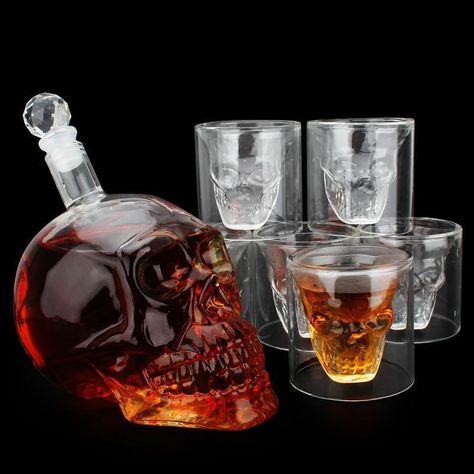 -Unique Crystal Skull shape of the glassware creates a beautiful, suspended-liquid Visual illusion that makes your drink look like it is suspended in air. -Double wall thermo insulated design, never worry burn hand again. And more, the glass cup is keep your drink hotter and cooler than ceramics mug and single wall glass. -Shatterproof, scratch resistant and safe for microwave! Borosilicate glass is the material you want when dealing with any glassware for best results. Skull Decanter, Vodka Decanter, Skull Shot Glass, Wine Decanter Set, Vodka Wine, Whisky Decanter, Cigars And Whiskey, Wine Set, Whiskey Decanter