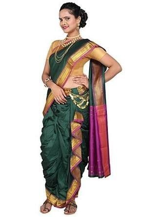 How To Wear Dhoti, Marathi Saree, Navy Blue Saree, Netted Blouse Designs, Dhoti Saree, Kashta Saree, Women In Saree, Bengali Bridal Makeup, Saree Wearing Styles