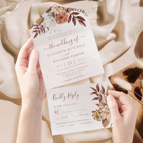 Terracotta Rust Flowers Boho Fall Foliage Wedding All In One Invitation Fall Wedding Boho, Fall Foliage Wedding, Floral Fall Wedding, Rust Flowers, Calligraphy Wedding Invitations, Boho Wedding Invitation Template, Popular Wedding Invitations, Bohemian Wedding Invitations, Rustic Boho Wedding