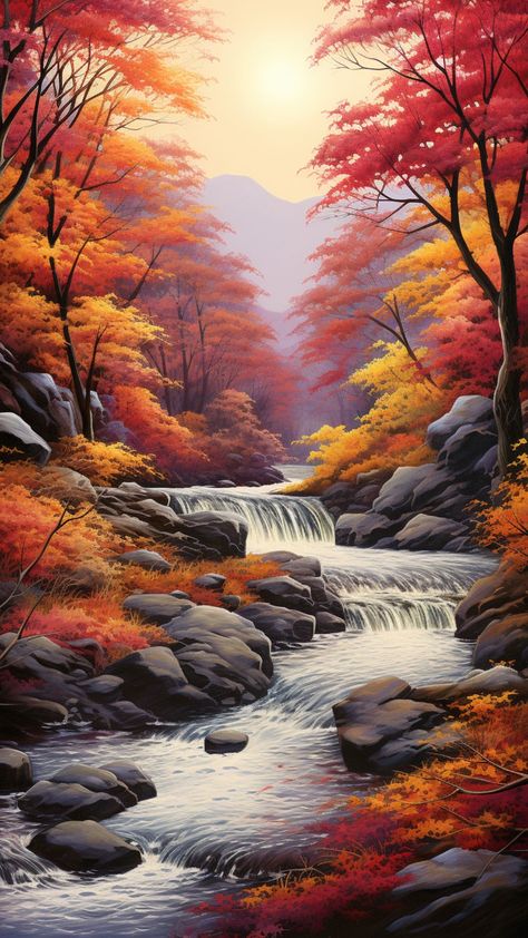 fall Sunrise Painting Acrylic, Nature Phone Wallpaper, Fall Landscape Painting, Waterfall Paintings, Fall Landscape, Scenery Photography, Annual Sale, Scenery Paintings, Canvas Painting Landscape