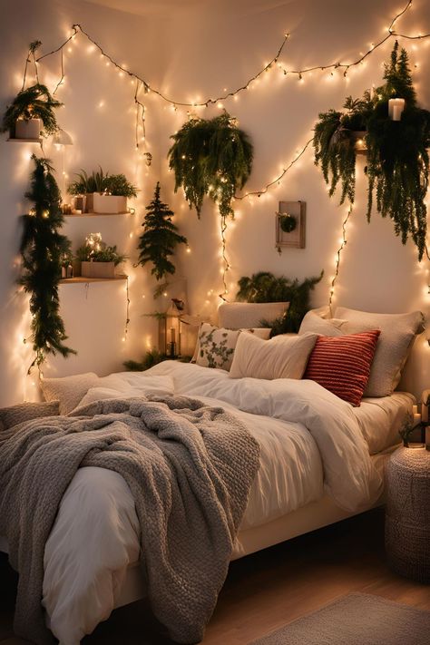 Christmas lights wrapped around bedroom plants for a cozy, magical holiday look. Plants With Lights, Christmas Lights Bedroom, Christmas Lights In The Bedroom, Cozy Christmas Bedroom Aesthetic, Christmas Bedroom Aesthetic, Hanging Fairy Lights, Lights Bedroom Decor, Cozy Christmas Bedroom, Christmas Lights In Bedroom