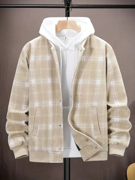 Men's Plaid Band Collar Jacket Spring Fall Stylish Casual - Temu White Tracksuit Outfit, White Tracksuit, Men Outerwear, Mens Smart Casual Outfits, Classy Suits, Casual Outwear, Color Combinations For Clothes, Men Fashion Casual Shirts, Mens Casual Dress Outfits