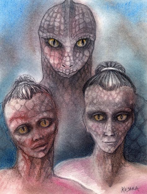 By Kesara. "Hybrids. Half human and half extraterrestrial they appear to most on ship, being the children of two races." Reptilian People, Alien Artwork, Ancient Astronaut, Arte Alien, Mind Control, Aliens And Ufos, Alien Races, Ufo Sighting, Alien Art