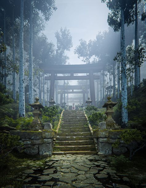 Sérgio Merêces - Japanese Temple - Blender 3d animation Japanese Temple Fantasy Art, Japanese Shrine Concept Art, Asian Temple Concept Art, Japanese Concept Art, Japanese Temple Art, Blender Environment, Japanese Environment, Traditional Japanese Temple, Forest Portal