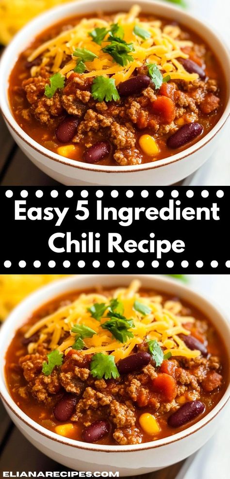 Need 5 ingredient or less recipes? Try this Easy 5 Ingredient Chili Recipe! Perfect for dinner ideas and chili meals, this chili recipe is easy, ideal for chili recipes crockpot, and great for dinner recipes for family or dinner for two. Easy Chili Recipe Crockpot 5 Ingredient, 5 Ingredient Chili Recipe, 5 Ingredient Chili, Chili Meals, Chilli Recipe Crockpot, Mild Chili Recipe, 5 Ingredient Or Less Recipes, Sweet Chili Recipe, Quick Chili Recipe