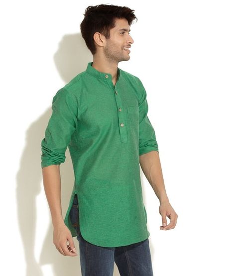 Casual men's short Indian kurta. Green Short Kurta For Men, Short Kurta For Men Casual, Short Kurta For Men, Plain Kurti Designs, Plain Kurti, Short Kurti Designs, Mens Indian Wear, Kurta Pajama Men, Stylish Shirts Men