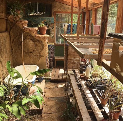 Bathtub In Greenhouse, Salmon Creek Farm, Greenhouse Bathtub, Cob Construction, Bark Siding, Communal Garden, Compost Toilet, Rammed Earth Homes, Earth House