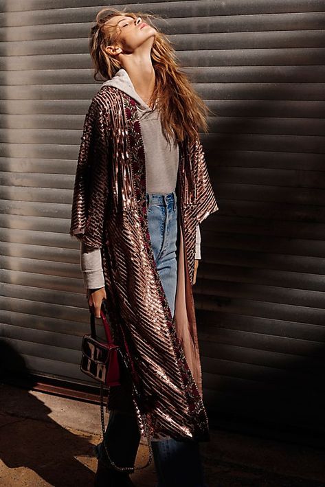 Free People Outfits Fall, Cardigan Layering, Trim Embroidery, Sequin Duster, Duster Kimono, Free People Jacket, Free People Clothing, Kimono Style, Fall Jackets