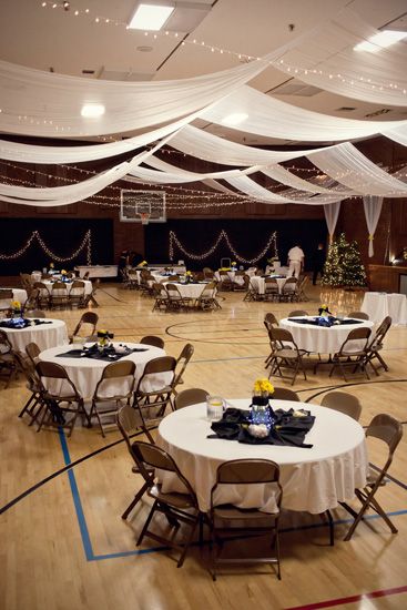 Gym Wedding Reception, Wedding Venues Church, Venue Design, Party Lights Indoor, Ceiling Draping, Winter Carnival, Lds Wedding, Gym Wedding, Diy Event