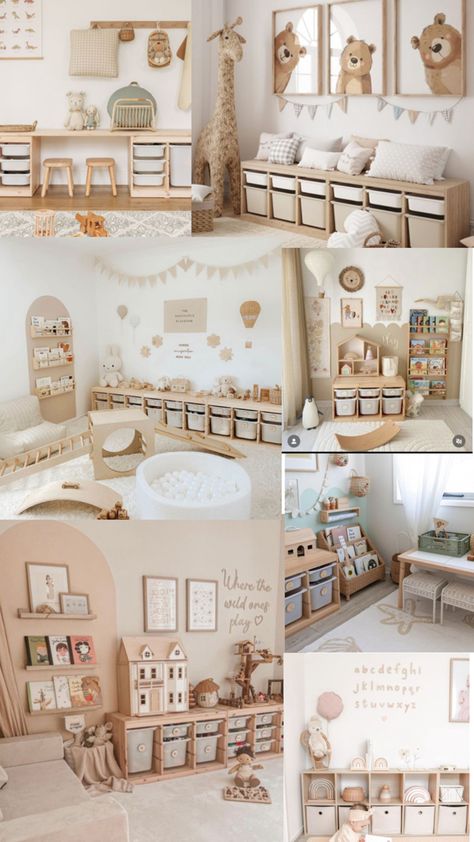 Playroom Ideas Neutral Colors, Neutral Toy Room, Neutral Montessori Playroom, Toddler Study Room Ideas, Chic Playroom Ideas, Pre Toddler Classroom Ideas, Pastel Playroom Ideas, Playroom Ideas Neutral, Calm Playroom