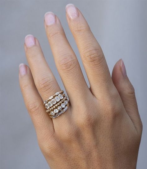 Antique Ring Stack, Diamond Ring Stacking Ideas, Ring Stacks Wedding, Stacked Diamond Rings, Diamond Band Stack, Stacked Diamond Wedding Bands, Diamond Ring Stack, Emerald Cut Wedding Band, Sofia Kaman