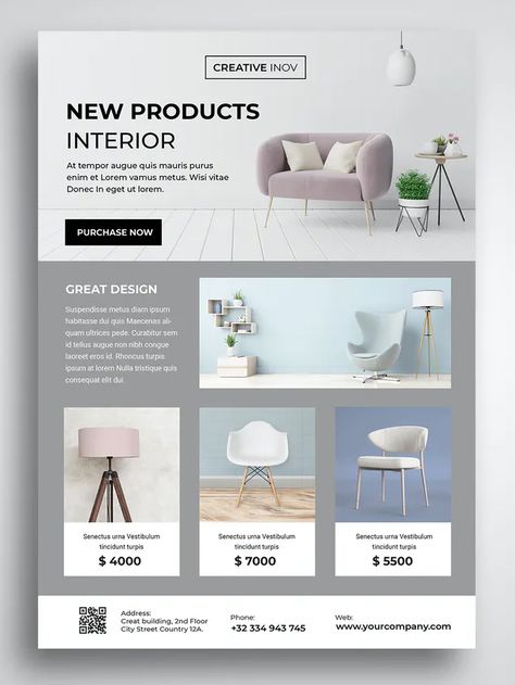 Interior Furniture Flyer Template PSD Furniture Flyer Design, Presentation Furniture Design, Catalog Design Layout, Furniture Promotion, Furniture Graphic, Flyer Inspiration, Furniture Business, 포트폴리오 레이아웃, Flyer Design Layout