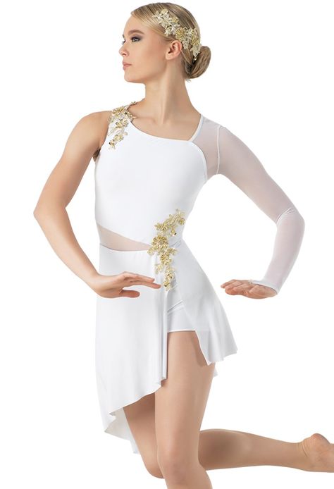 White Contemporary Costume, Elegant Dance Costumes, White Contemporary Dance Costume, White Dress Dance, White Dance Costumes, Lyrical Dance Costumes Solo, Dance Costume Ideas, Modern Dance Costumes, Lyrical Dance Costumes