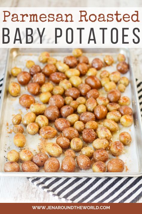 These Parmesan Roasted Baby Potatoes are simply amazing and will make all potato lovers scream with joy. Soft on the inside and crispy on the outside with a crunchy Parmesan coating. Parmesan Roasted Baby Potatoes, Parmesan Baby Potatoes, Oven Roasted Baby Potatoes, Crispy Parmesan Potatoes, Parmesan Roasted Potatoes, Roasted Baby Potatoes, Loaded Baked Potato Soup, Grilled Potatoes, Loaded Baked Potatoes