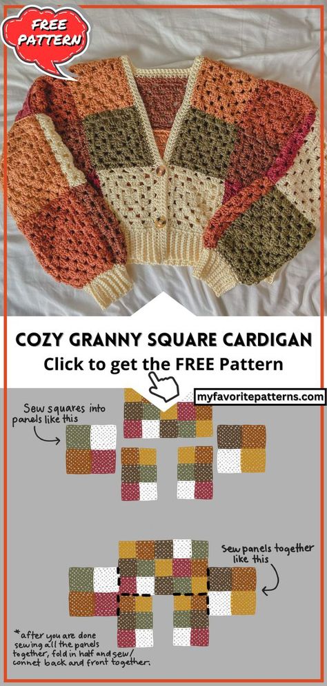 Crochet Fun Granny Square, Crochet Ideas For Grandma, Diy Cardigan Crochet, 70s Crochet Patterns Free, Crochet Squares Cardigan, Granny Square Crochet Projects Ideas, Grandma Square Crochet Pattern, Granny Square Sweater Pattern Free, Funky Crochet Patterns