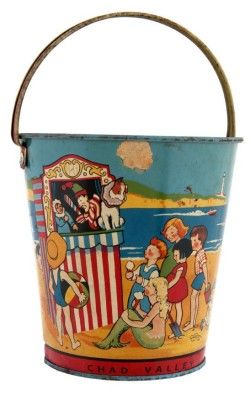 Beach Pail, Mermaid Girls, Building Sand, Punch And Judy, Vintage Bucket, Tin Cans, Beach Kids, Beach Scene, Vintage Tins