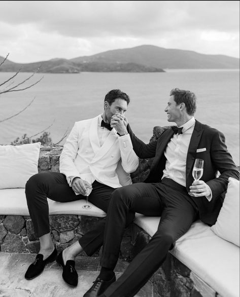 Black White Couple, Necker Island, Old Money Wedding, Gay Wedding Photography, Gay Wedding Photos, Money Wedding, Armani Suits, San Tropez, Lake Como Wedding