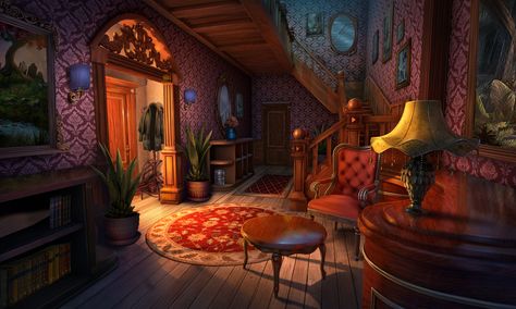 #art #gameart #gaming #gamedev #gamedevelopmentart #game #vintageroom #room #vintage #livingroom #globe #fireplace #stairs Fireplace Stairs, Interior Concept Art, Anime House, Episode Backgrounds, Fantasy Rooms, Fantasy Background, Scenery Background, Fantasy Places, Interior Concept