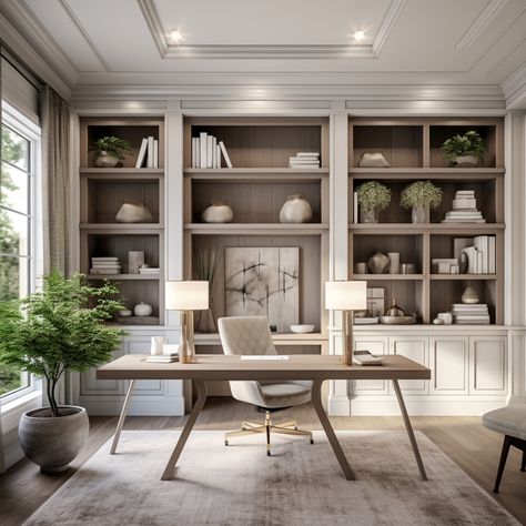 Office With All Windows, Office File Storage Room, Home Office Coffered Ceiling, White Home Offices, Home Office Built In Ideas, Small Office Design Ideas Business, Modern Office With Couch, Study Built In Bookcases, Office With White Built Ins