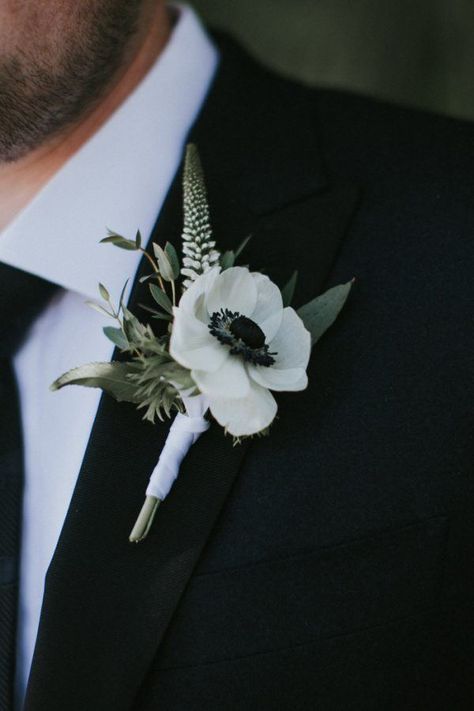 Anemone Boutonniere, Florida Destination Wedding, Black And White Wedding Theme, White Wedding Theme, Destin Florida Wedding, Black White Wedding, Boutonniere Wedding, Wedding Mood Board, Wedding Mood