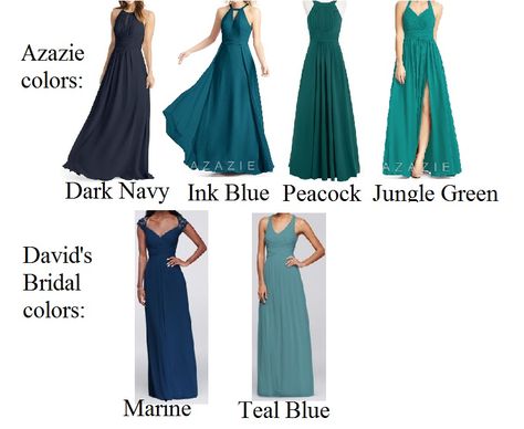 Mismatched, chiffon bridesmaid dress color options from Azazie and David's Bridal Azazie Peacock, Peacock Bridesmaid Dresses, Bridesmaid Dress Color, Bridesmaid Dress Colors, Ink Blue, Chiffon Bridesmaid Dress, Chiffon Bridesmaid, Davids Bridal, Blue Ink