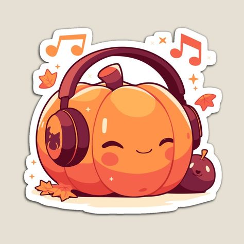 A cute pumpkin ready for this Halloween season with its familiar while listening to music with its big headphones. A dash of cuteness for the upcoming spooky season. Get it on my stores: https://www.redbubble.com/shop/ap/164686609?asc=u https://www.teepublic.com/t-shirt/65822026-cute-pumpkin-listening-to-halloween-music #pumpkin #halloween #spookyseason #spookycute #cutepumpkin #familiars #autumn #autumnleaves #fallseason #headphones #music #musicislife #happy #twinkle #illustrator #vector ... Cute Pumpkin Illustration, Halloween Vector Illustration, Halloween Cute Drawings, Pumpkin Drawings, Big Headphones, Happy Halloween Pumpkin, Fall Drawings, Headphones Music, Art Deco Artwork