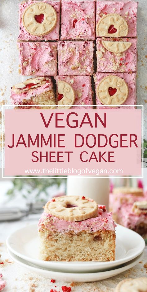 Vegan Jammie Dodger Sheet Cake - The Little Blog Of Vegan Vegan Tray Bake Cake, Vegan Traybake Cake, Vegan Sheet Cake, Fairy Brunch, Strawberry Recipes Vegan, Vegan Traybake, Killer Cake, Fresh Strawberry Frosting, Cake With Strawberry Jam