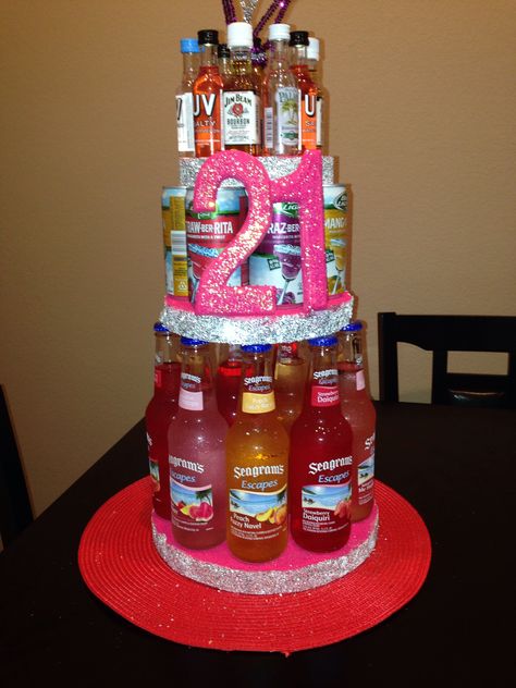 21st Alcohol Birthday cake Alcohol Birthday Cake, 21st Birthday Ideas, Birthday Cake Gift, Alcohol Cake, 21st Birthday Girl, 21st Birthday Presents, 21st Bday Ideas, Anniversaire Diy, Birthday Basket