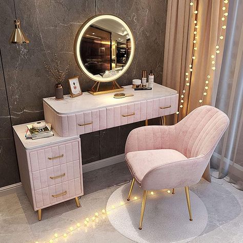 Girls Vanity Table, Make Up Tafel, Bedroom Vanity Set, Furniture Dressing Table, Green Vanity, Luxury Storage, Makeup Stool, Pink Furniture, Vanity Benches