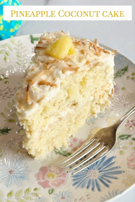 A slice of pineapple coconut cake topped with toasted coconut and a piece of pineapple. Flavoured Cakes, Pineapple Coconut Cake, Fluffy Icing, Coconut Pineapple Cake, My Country Table, Pineapple And Coconut, Pineapple Desserts, Coconut Cake Recipe, Pineapple Recipes