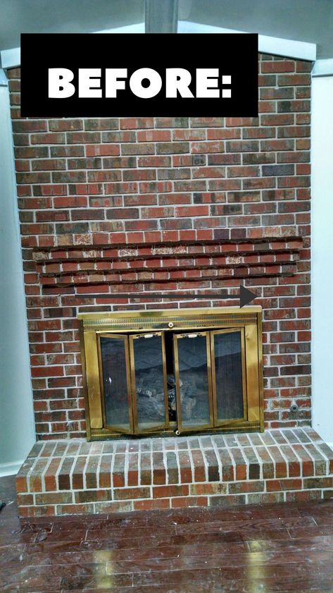 Wood Beam Mantel DIY For Under $30- Fireplace Makeover Corner Brick Fireplace Ideas, Painting Fireplace Insert, Fireplace Insert Ideas, Whitewashing Brick, Whitewash Brick Fireplace, Update Brick Fireplace, Gas Fireplace Makeover, Corner Fireplace Makeover, Mantel Diy