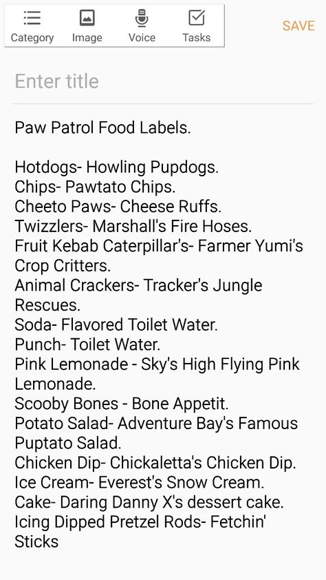 My personal food list that was decided on for our 2 year old son's paw patrol party #pawpatrol #party #foodlabel Paw Patrol Recipes, Paw Patrol Inspired Food, Dollar Tree Paw Patrol Party Ideas, Paw Patrol Party On A Budget, Paw Patrol Menu Food Ideas, Paw Patrol Double Birthday Party, Paw Patrol Pizza Party Ideas, Paw Patrol Sleepover Ideas, Paw Patrol Food Ideas 3rd Birthday