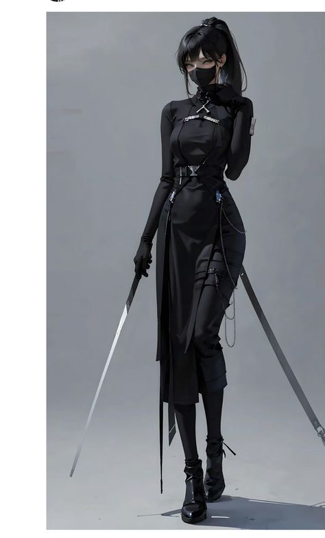 Assassin Clothes Women, Ninja Oc Character Design, Black Ninja Art, Battle Armor Female, Ninja Cosplay Female, Women Assassins Outfit, Black Assassin Outfits Female, Ninja Outfit Design, Samurai Pose Reference