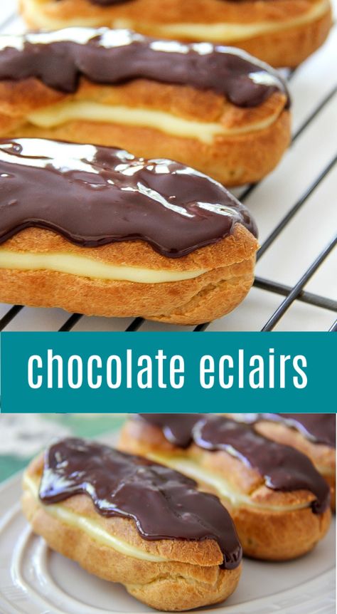 Eclairs Recipe, Chocolate Eclair Recipe, Eclairs Dessert, Chocolate Eclairs, Lebanese Desserts, Eclair Recipe, Custard Cream, Pudding Dessert, Custard Desserts