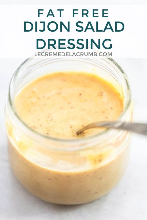 Fat Free Dijon Salad Dressing is so rich and creamy and full of the sweet and tangy Dijon dressing tastes that you love but without any fat. There is a secret ingredient to thank for that! Fat Free Salad Dressing Recipe, Fat Free Salad Dressing, Dijon Salad Dressing, Dressing Rich, Low Fat Salad Dressing, Dijon Salad, Oil Free Salad Dressing, Fat Free Recipes, Fat Free Dressing