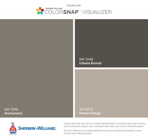 Exterior - Anonymous (House), Urbane Bronze (Shutters & Garage Door), Perfect Greige (Trim) Greige Exterior House Colors, Perfect Greige, Urbane Bronze, Outside House Colors, Greige Paint Colors, Greige Paint, Exterior House Paint Color Combinations, House Trim, Paint Color Schemes