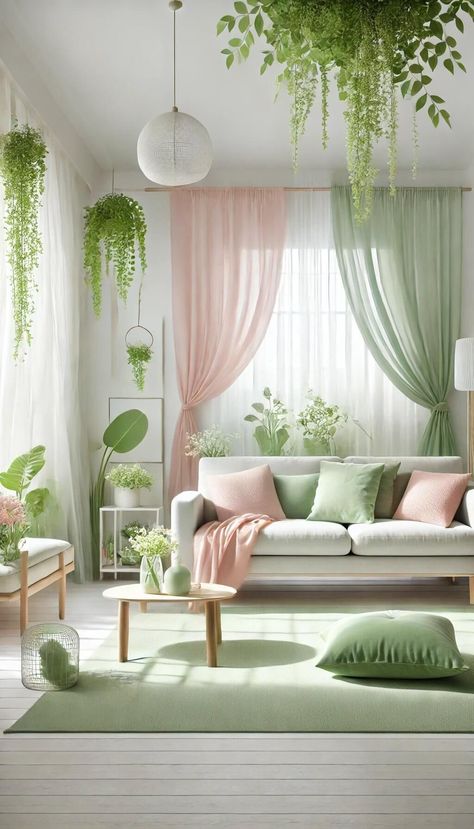 Green White Pink Bedroom, White And Green Living Room Ideas, Different Color Sofas In Living Room, Army Green Living Room, Pink And Green Curtains, Pink And Green Apartment, Green House Interior Ideas, Pink Room Interior, Pink Green Living Room