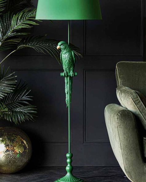 Rockett St George on Instagram: “Happy Friday! Look at this gorgeous green parrot! 🦜💚What name do you think we should give it? Comment your suggestions below. . . .…” Amazing Lamps, Unusual Floor Lamps, Olive Bedroom, Green Floor Lamp, Bristol Street, Diy Luminaire, Unusual Lamps, Animal Lamp, Green Parrot