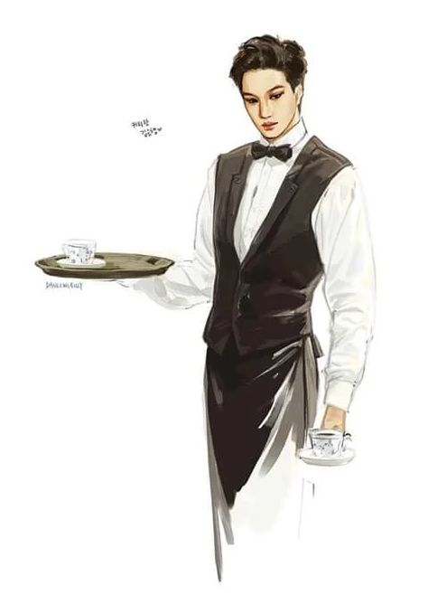 EXO - Kai as a waiter/busboy - Credits to owner/artist Waiter Pose References, Waiter Drawing Reference, Waiter Pose, Waiter Aesthetic, Kai Fanart, Kai Arts, Inspo Art, Exo Art, Drawing Things