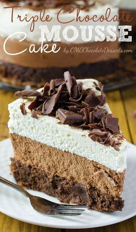 Triple Chocolate Mousse, Triple Chocolate Mousse Cake, Chocolate Mousse Cake Recipe, Triple Chocolate Cheesecake, Mousse Cake Recipe, Amazing Chocolate Cake Recipe, Decadent Chocolate Cake, Chocolate Mousse Cake, Best Chocolate Cake