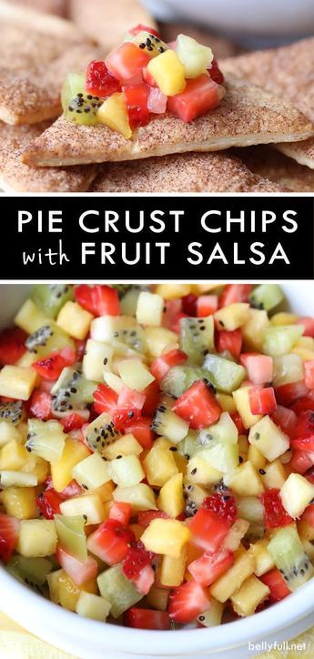 Sugar and cinnamon covered pie crust chips, served with a bright and fresh fruit salsa is the best summer snack ever! #piecrustchips #piechips #piecrust #fruitsalsa #fruitsalsaandcinnamonchips #summersnacks #summerdessertseasy Inexpensive Work Lunches, Unique Appetizer Recipes, Fresh Fruit Snacks, Summer Snacks For Party, Pie Crust Chips, Lake Snacks, Pie And Chips, Fun Easy Desserts, Fresh Fruit Desserts