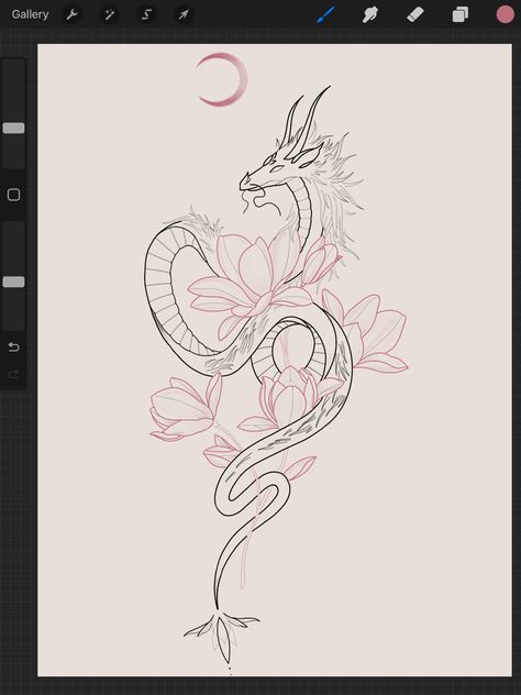 Dragon Moon Flower Tattoo, Dragon And Lotus Tattoo For Women, Lotus Flower And Dragon Tattoo, Tattoo Ideas Chinese Dragon, Chinese Dragon Minimalist, Lotus Flower Dragon Tattoo, Lotus Dragon Tattoo, Dragon With Lotus Flower Tattoo, Dragon With Moon Tattoo