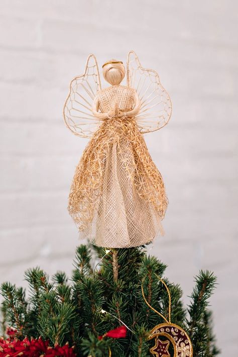 Sinamay Tree Topper Angel | Ethical Ornaments Christmas Angel Topper Diy, Angle Tree Topper Diy, Angel Topper Christmas Tree, Christmas Tree Angel Topper Diy, Diy Angel Tree Topper, Diy Christmas Angel Tree Topper, Christmas Tree Angel Topper, Angel Tree Toppers, Christmas Angel Tree Topper