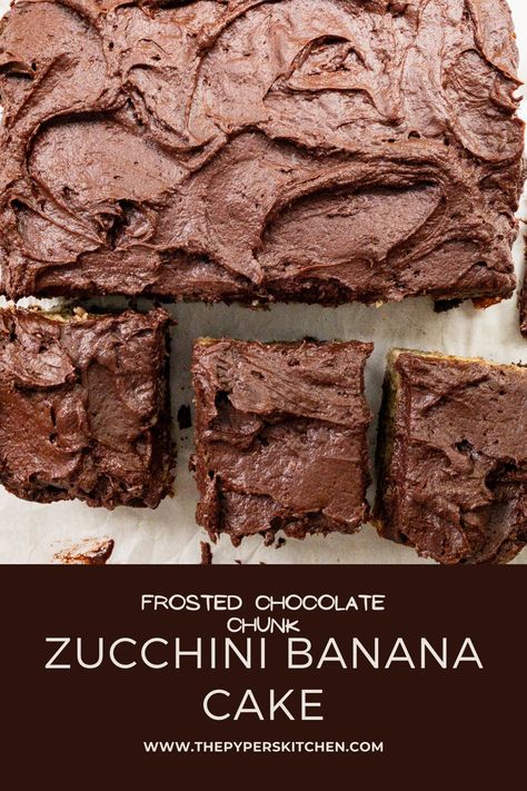 Zucchini Banana Cake Recipe, Chocolate Zucchini Cake Healthy, Banana Zucchini Cake, Fluffy Chocolate Frosting, Zucchini Dessert, Zucchini Cake Recipe, Zucchini Desserts, Chocolate Zucchini Brownies, Banana Zucchini