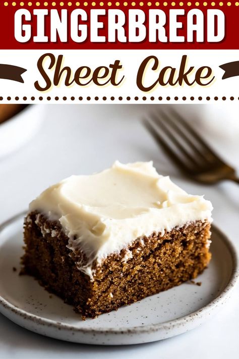 This gingerbread sheet cake has the perfect balance of spices and a tender, moist crumb. Add a yummy cream cheese frosting, and it's guaranteed to please. Spice Bars With Cream Cheese Frosting, Gingerbread Cake With Cream Cheese Frosting, Gingerbread Cake With Cream Cheese Icing, Gingerbread Cake Mix Recipes, Gingerbread Dessert Recipes, Easy Gingerbread Cake, Cake Pops Frosting, Crazy Cake Recipes, Gingerbread Dessert