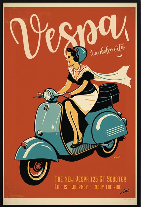 Vintage Vespa Poster, Vespa In Italy, Vespa Art, Vespa Vintage Italy, Wc Sign, New Vespa, Abstract Posters, Vintage Motorcycle Posters, Vespa Girl